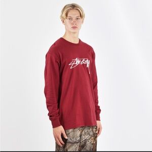 Stussy Bordeaux Red Burgundy Smooth Stock Logo Long Sleeve Tee Shirt, L